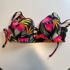Shade & Shore Black Tropical Floral Padded Bikini Top with Pink & Orange Blooms